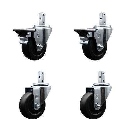 Service Caster 3.5'' Soft Rubber Wheel Swivel 3/4'' Square Stem Caster Set 2 Brakes, 4PK SCC-SQ20S3514-SRS-PLB-34-2-S-2